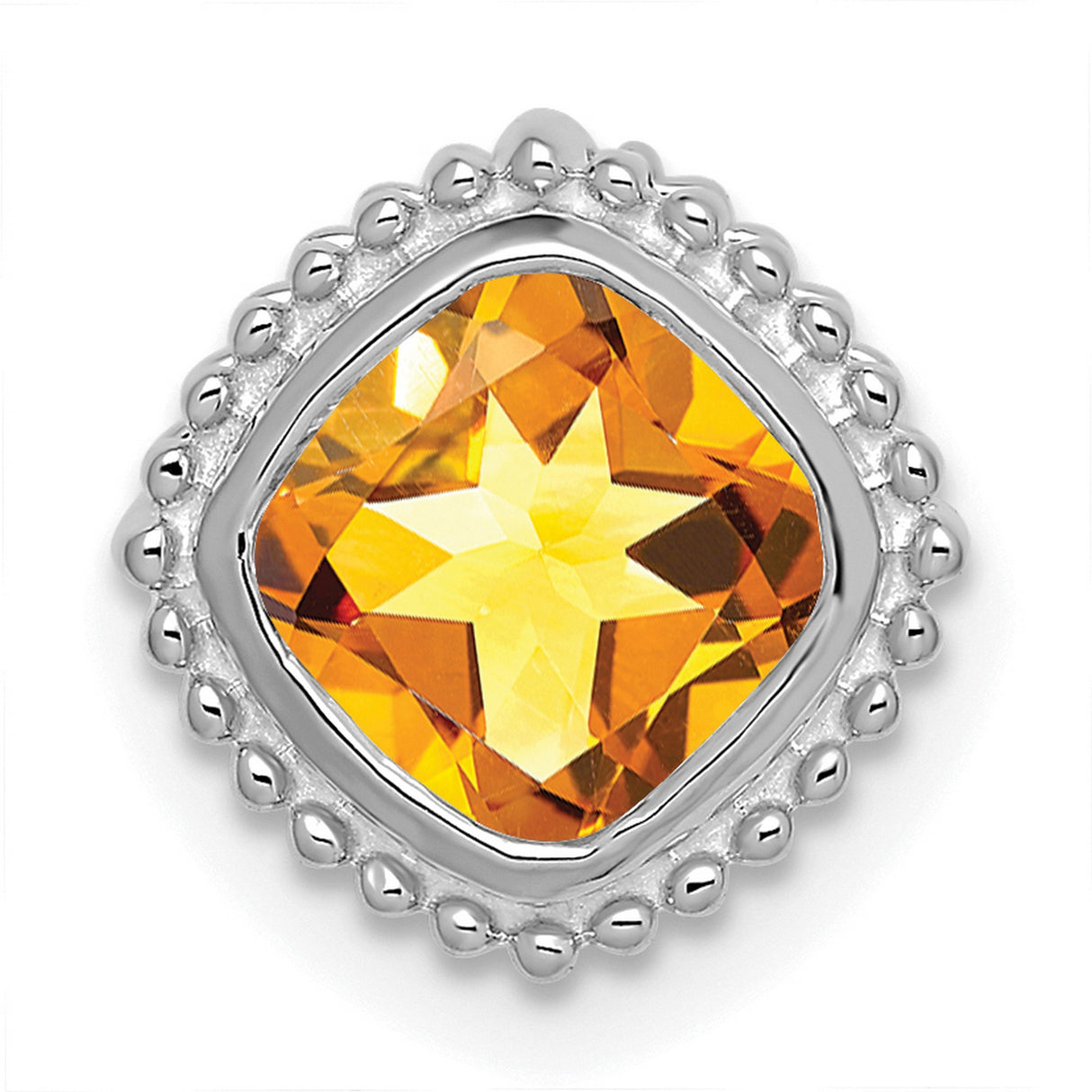 14k White Gold Cushion-Cut Citrine Charm Pendant, Starburst Motif with Beaded Frame