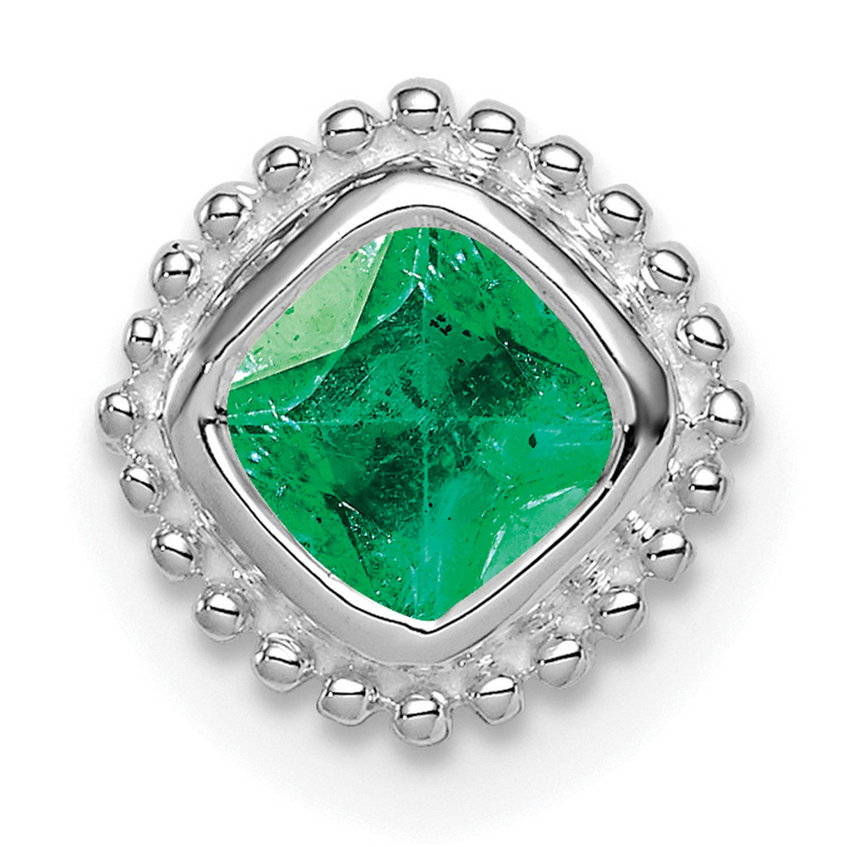 14k White Gold Stud Earrings with Square Cut Emerald and Beaded Border Design