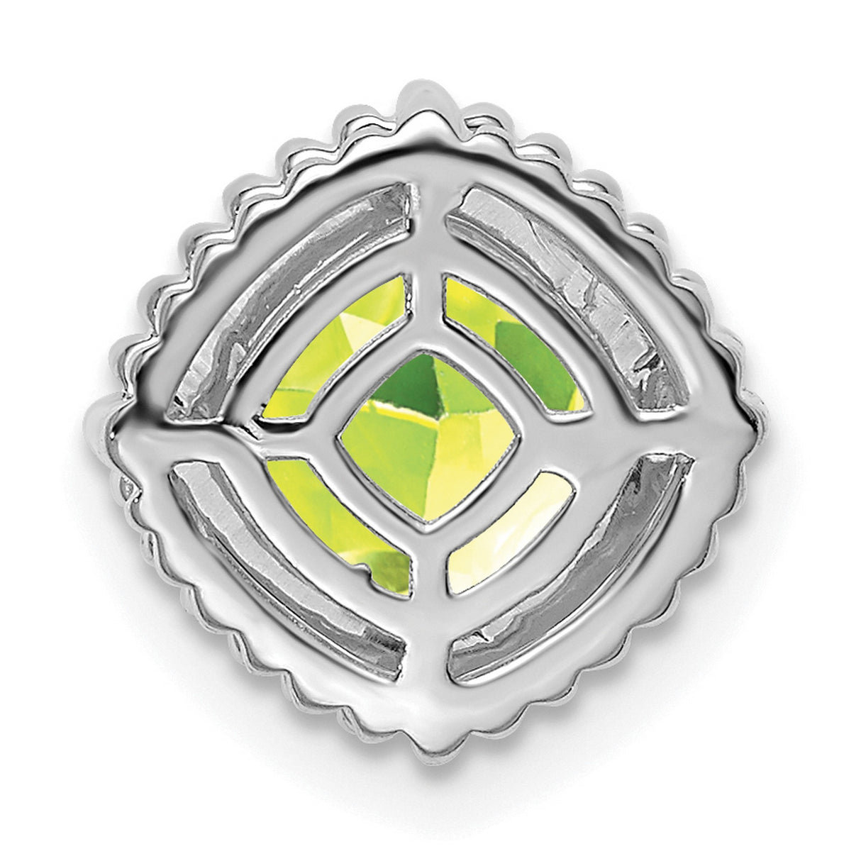 14k White Gold Cushion Cut Peridot Pendant with Beaded Border, August Birthstone Jewelry