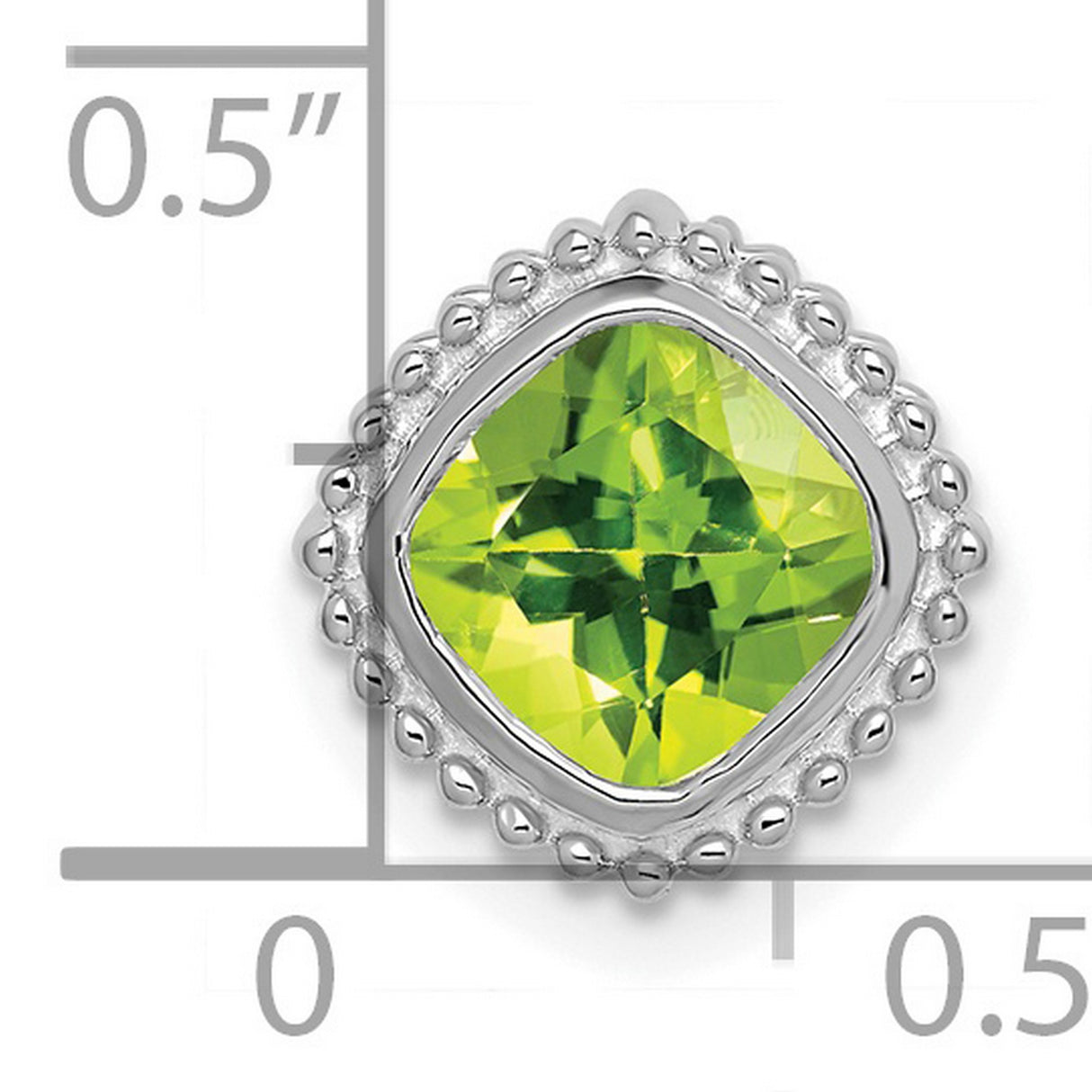 14k White Gold Cushion Cut Peridot Pendant with Beaded Border, August Birthstone Jewelry