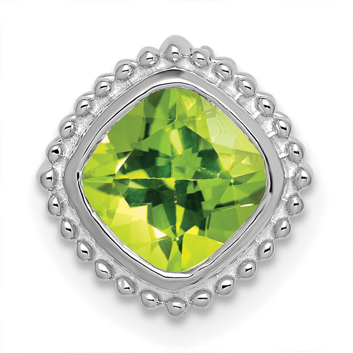 14k White Gold Cushion Cut Peridot Pendant with Beaded Border, August Birthstone Jewelry