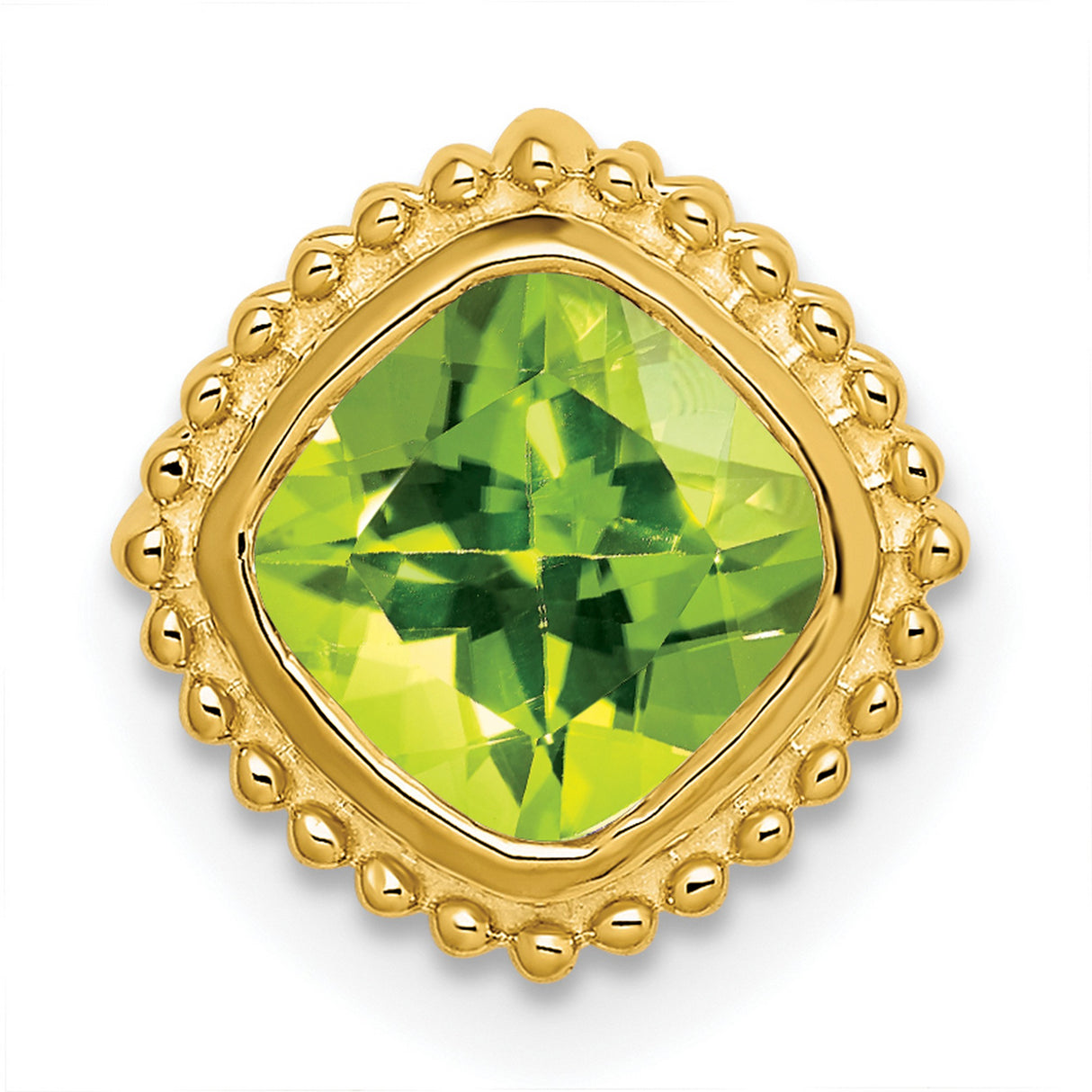 14k Yellow Gold Pendant with Cushion Cut Peridot and Beaded Edging, August Birthstone Jewelry