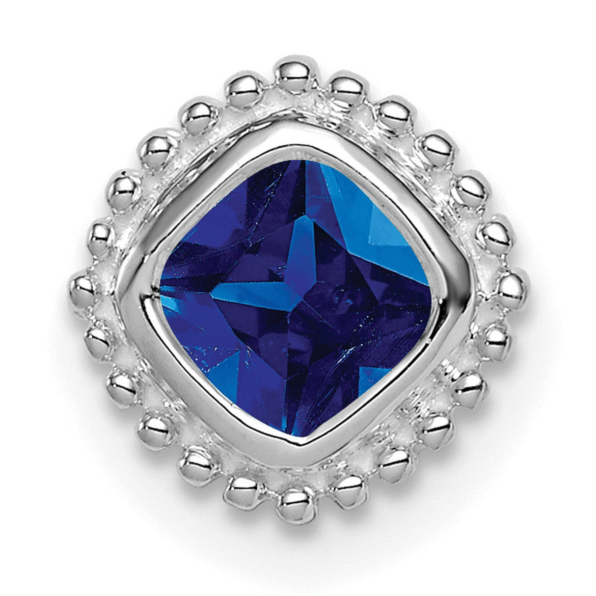 14k White Gold Charm Pendant with Cushion-Cut Sapphire and Beaded Border