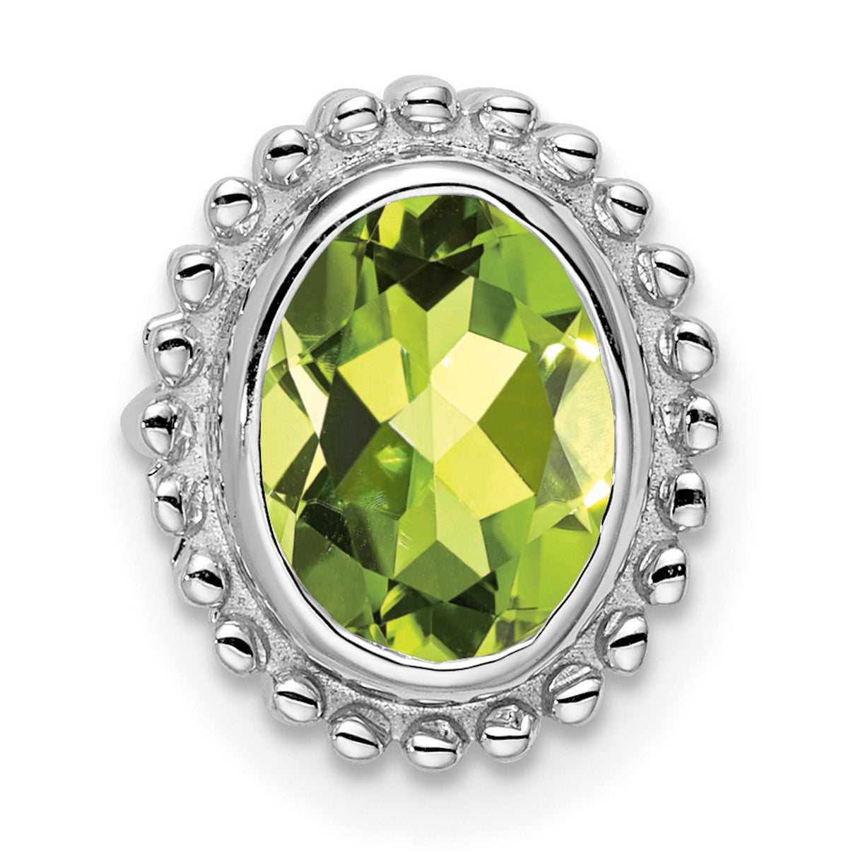 14k White Gold Ring with Oval Peridot, Beaded Halo Setting, Polished Finish
