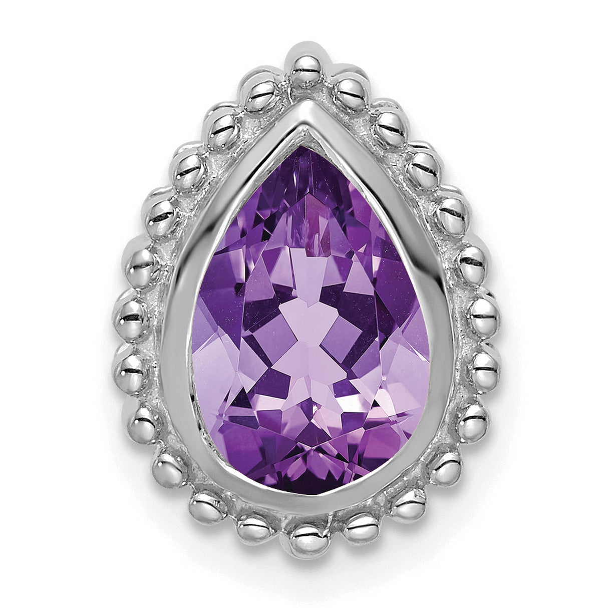 14k White Gold Teardrop Pendant with Amethyst, Beaded Border, February Birthstone Jewelry