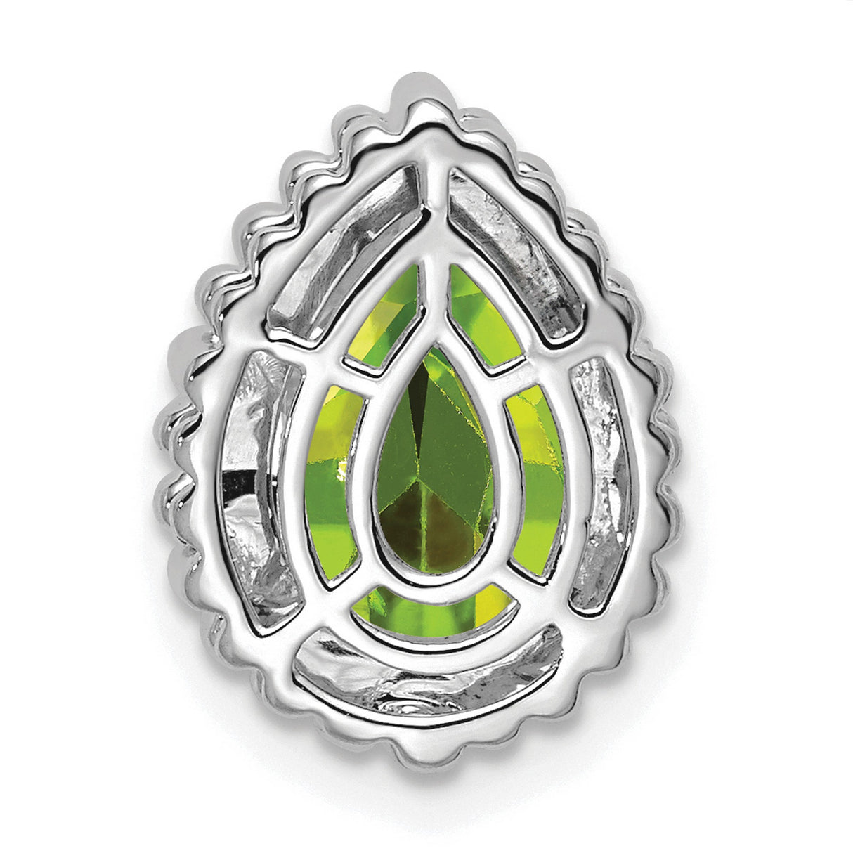 14k White Gold Pendant with Pear Shaped Peridot, Beaded Border Design, August Birthstone