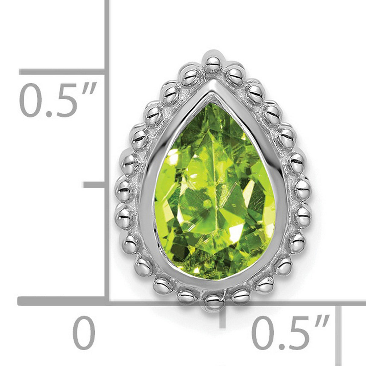 14k White Gold Pendant with Pear Shaped Peridot, Beaded Border Design, August Birthstone