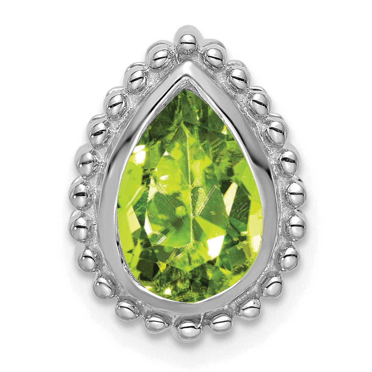 14k White Gold Pendant with Pear Shaped Peridot, Beaded Border Design, August Birthstone