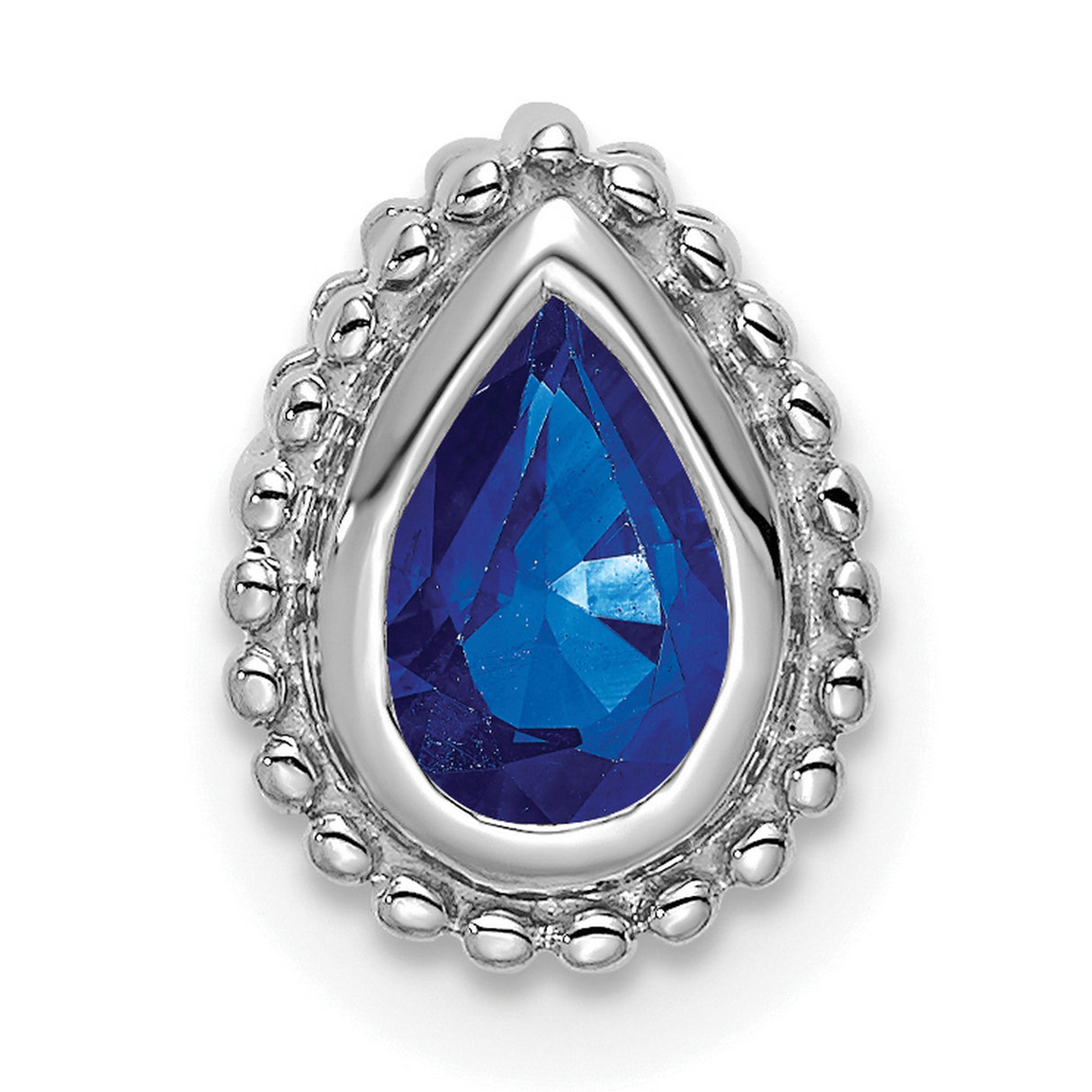 14k White Gold Teardrop Pendant with Deep Blue Sapphire and Beaded Edge