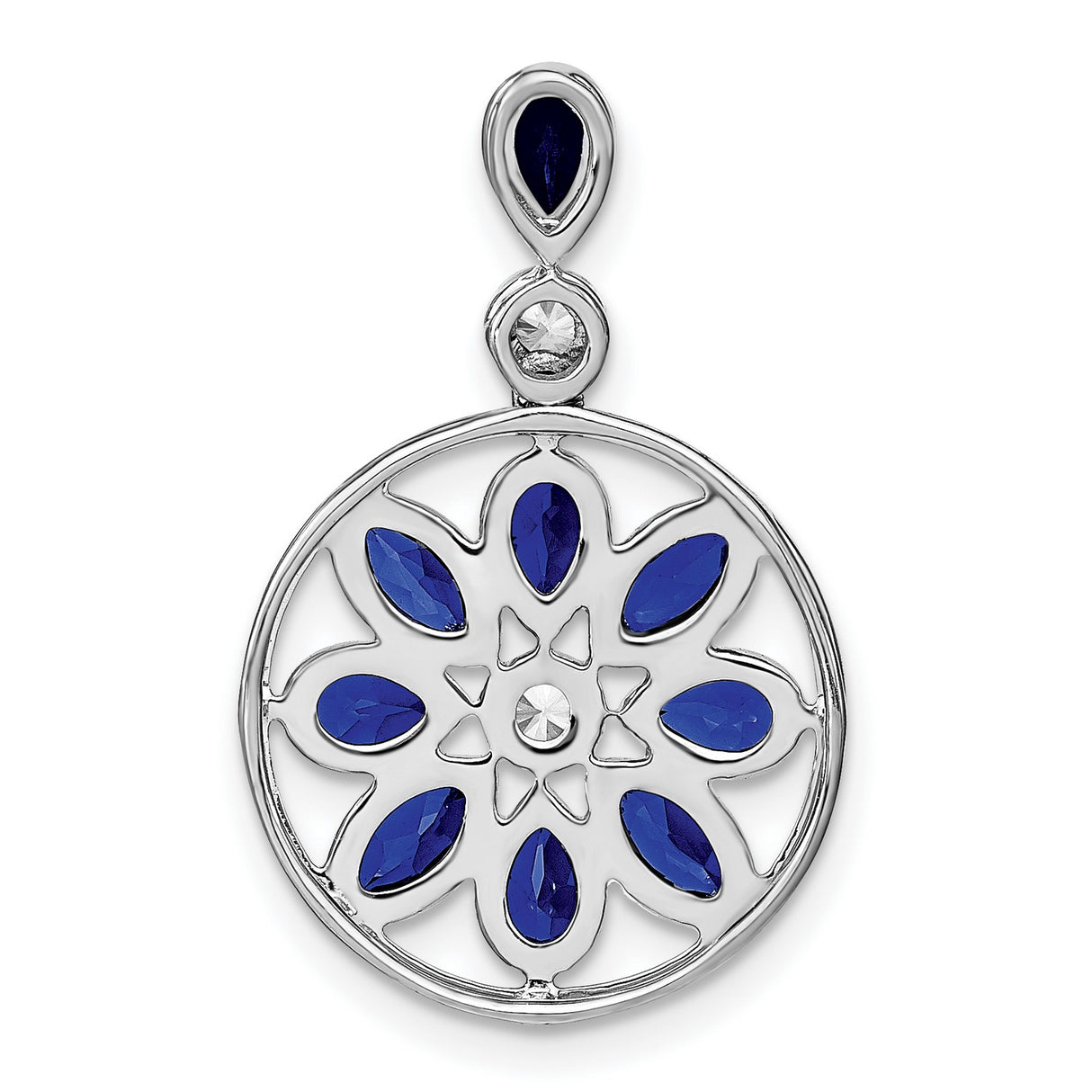 14k White Gold Mandala Pendant with Pear Shaped Sapphires, Floral Symmetry Design