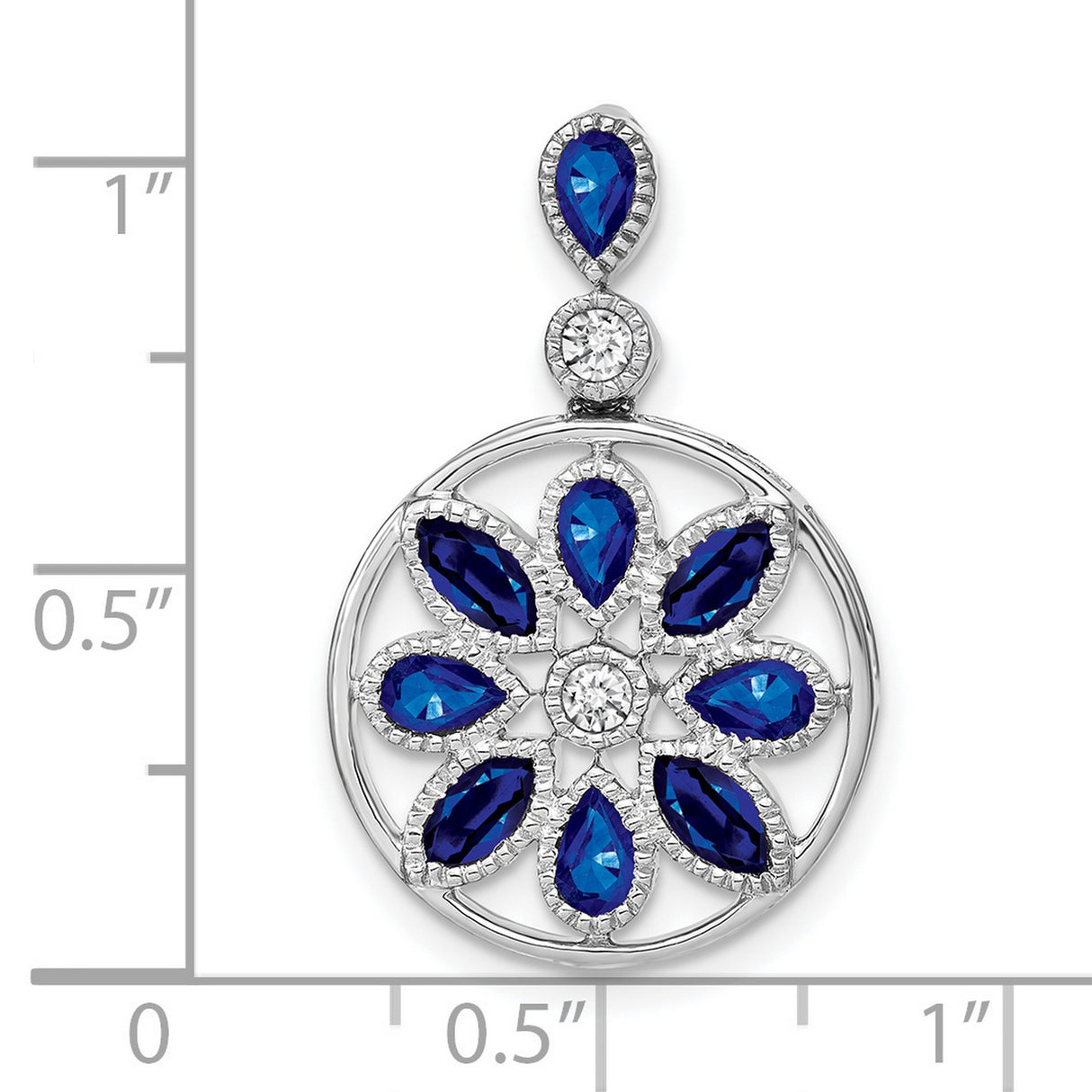 14k White Gold Mandala Pendant with Pear Shaped Sapphires, Floral Symmetry Design