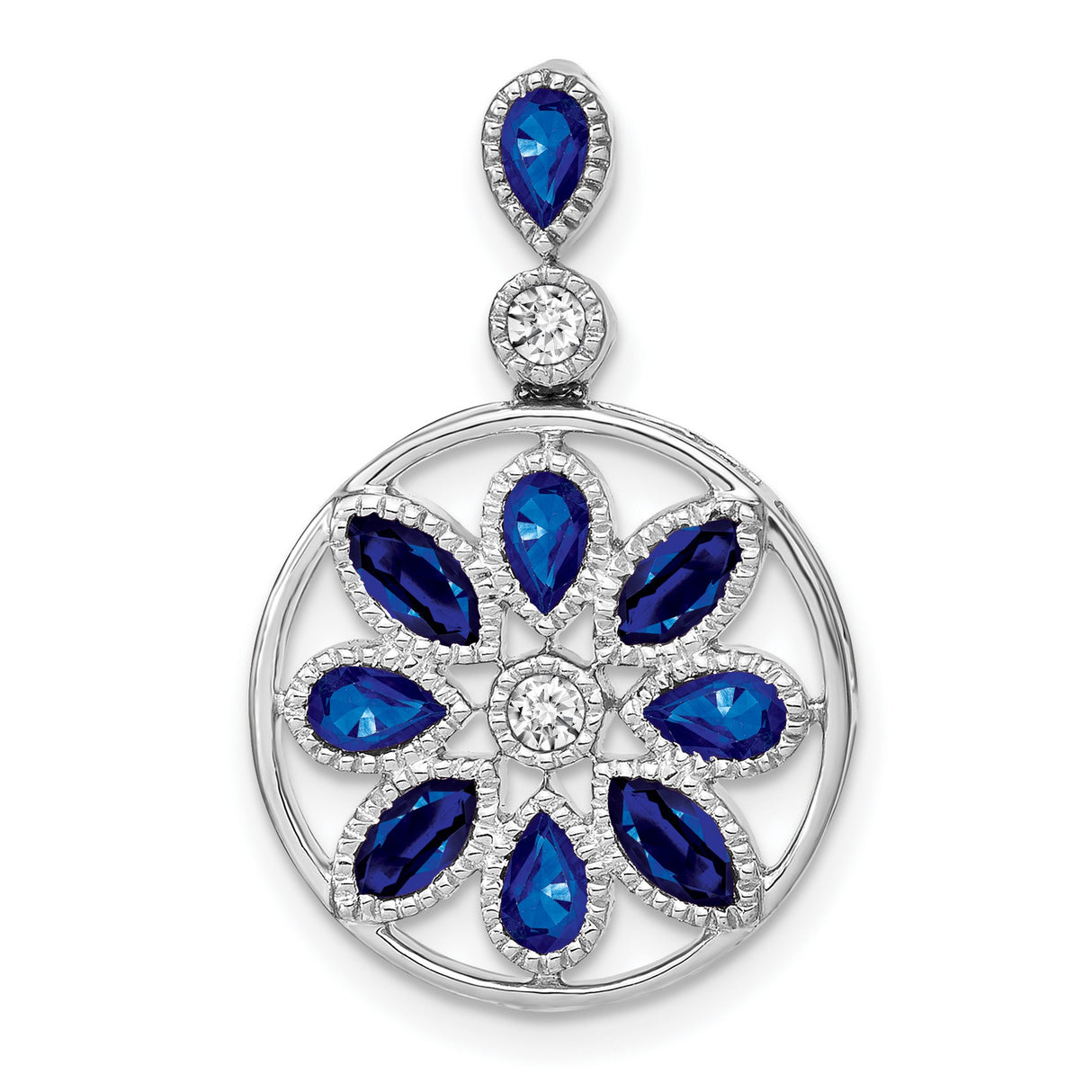 14k White Gold Mandala Pendant with Pear Shaped Sapphires, Floral Symmetry Design