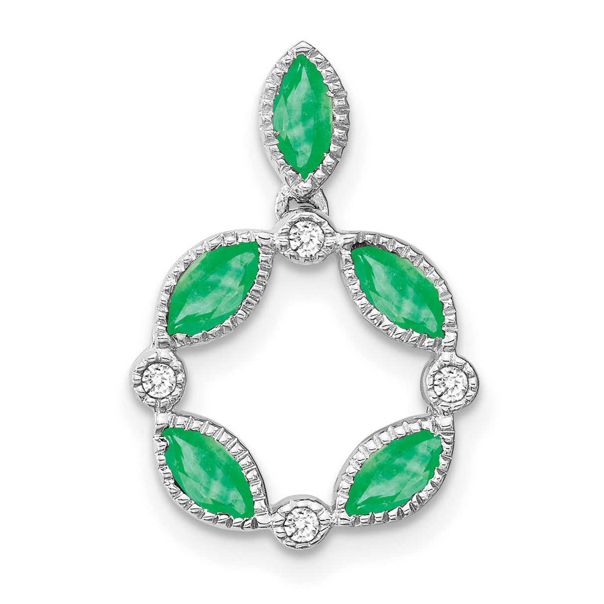 14k White Gold Pendant with Marquise Emeralds and Diamond Accents in Floral Design