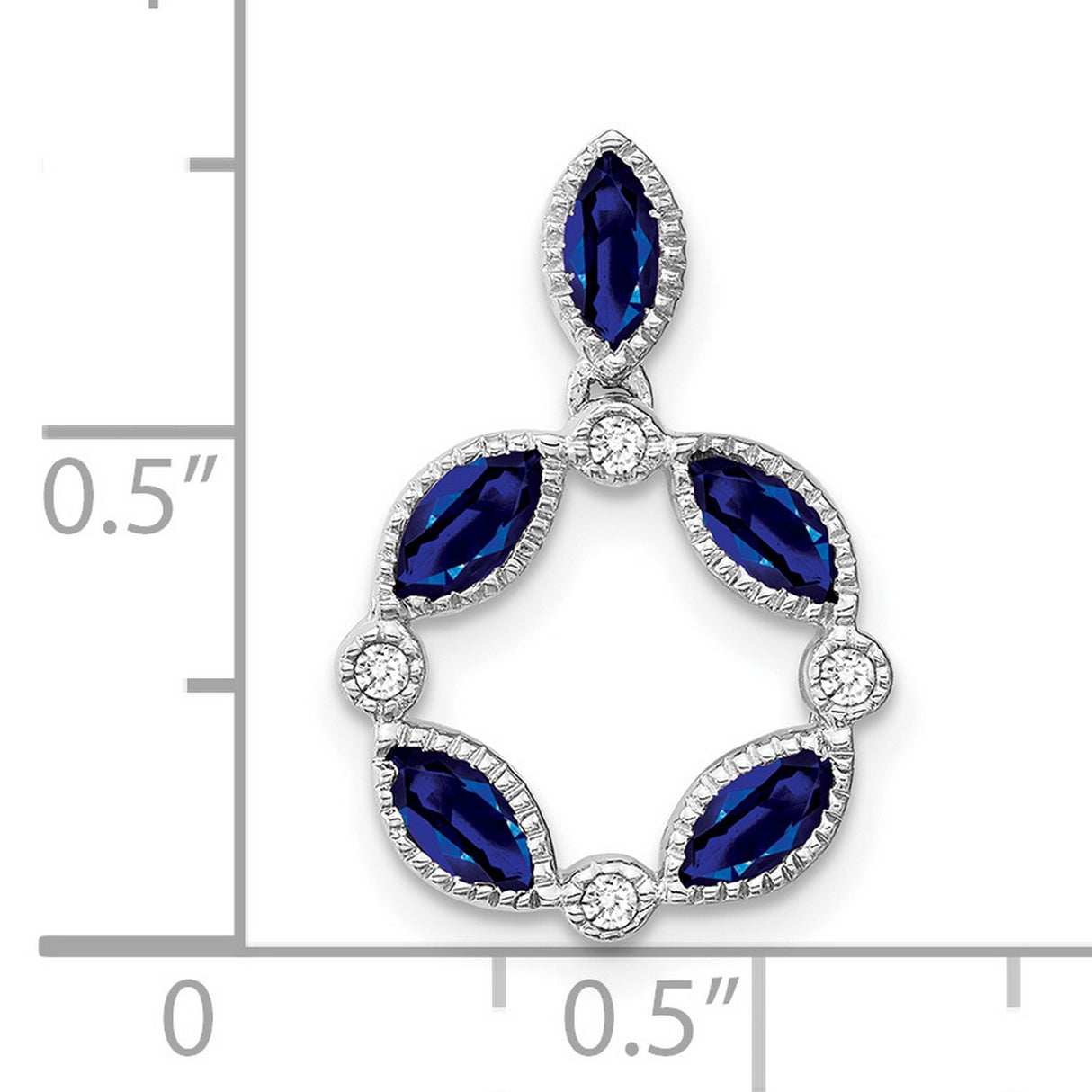 14k White Gold Pendant with Marquise Blue Sapphires and Diamond Accents in Open Floral Circle Design