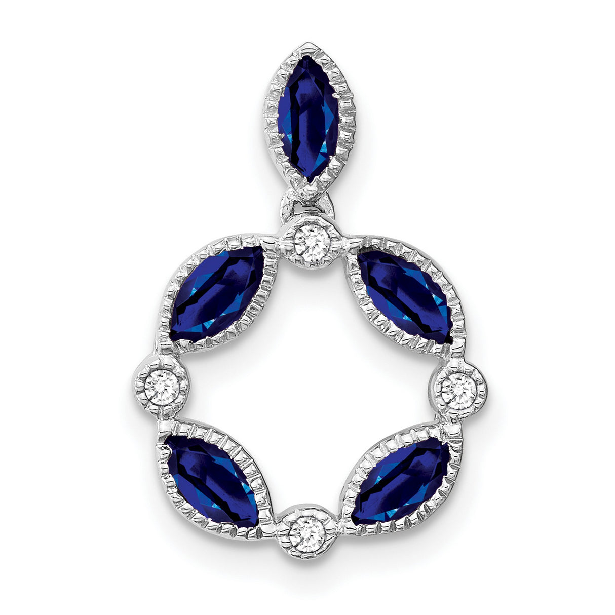 14k White Gold Pendant with Marquise Blue Sapphires and Diamond Accents in Open Floral Circle Design