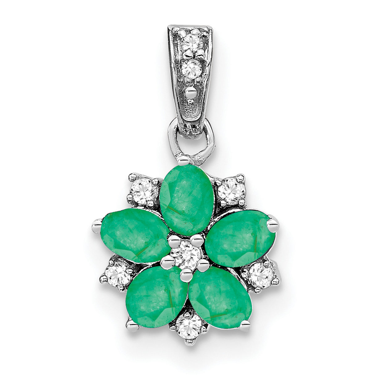 14k White Gold Flower Pendant with Marquise Cut Emeralds and Diamond Accents