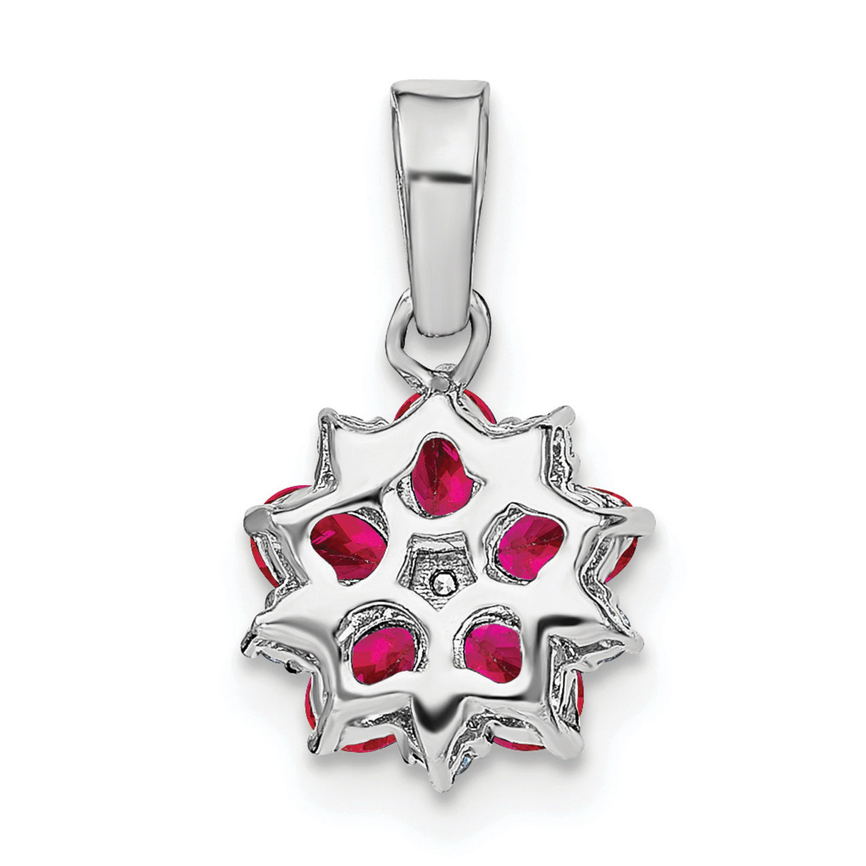14k White Gold Floral Pendant with Ruby and Diamond Accents, Feminine Flower Design