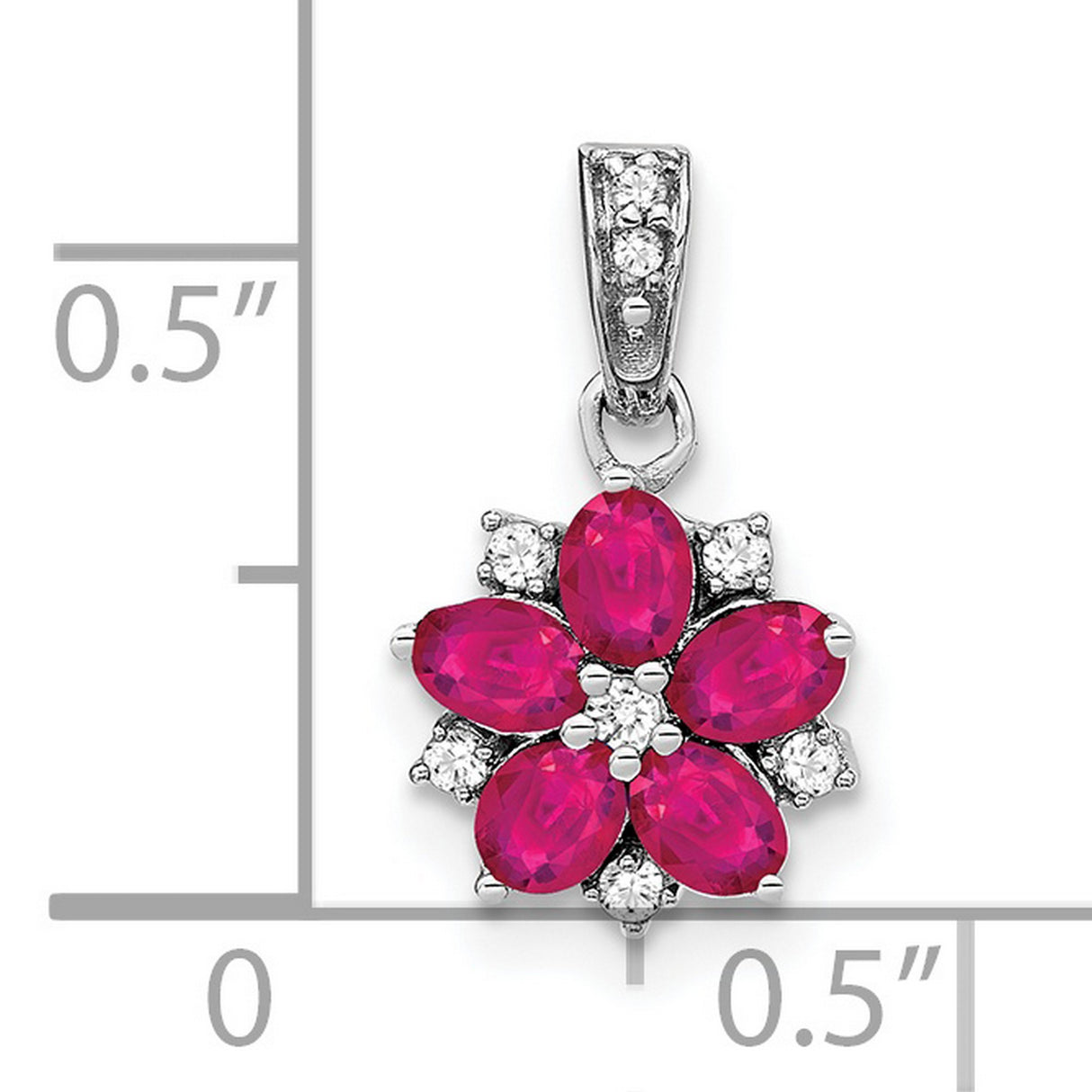 14k White Gold Floral Pendant with Ruby and Diamond Accents, Feminine Flower Design