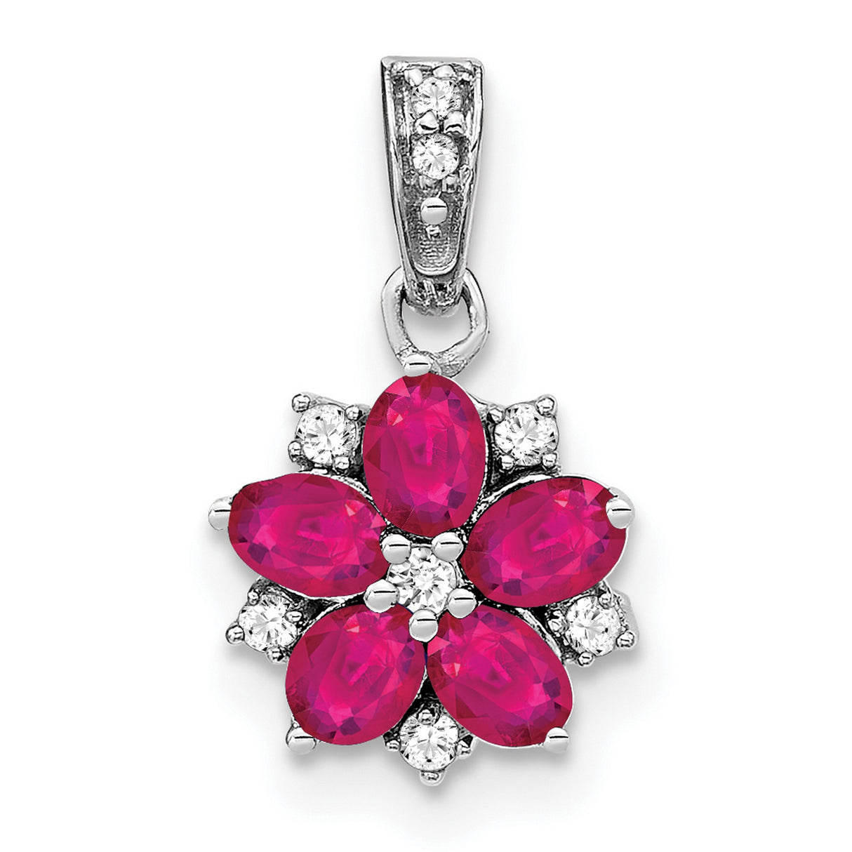 14k White Gold Floral Pendant with Ruby and Diamond Accents, Feminine Flower Design