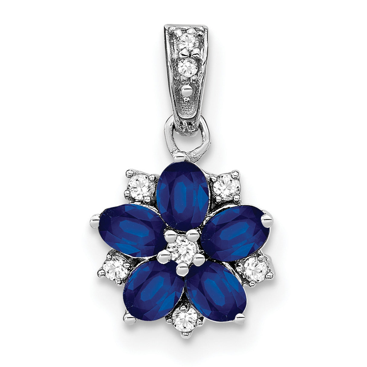 14k White Gold Floral Pendant with Marquise Cut Blue Sapphires and Diamond Accents