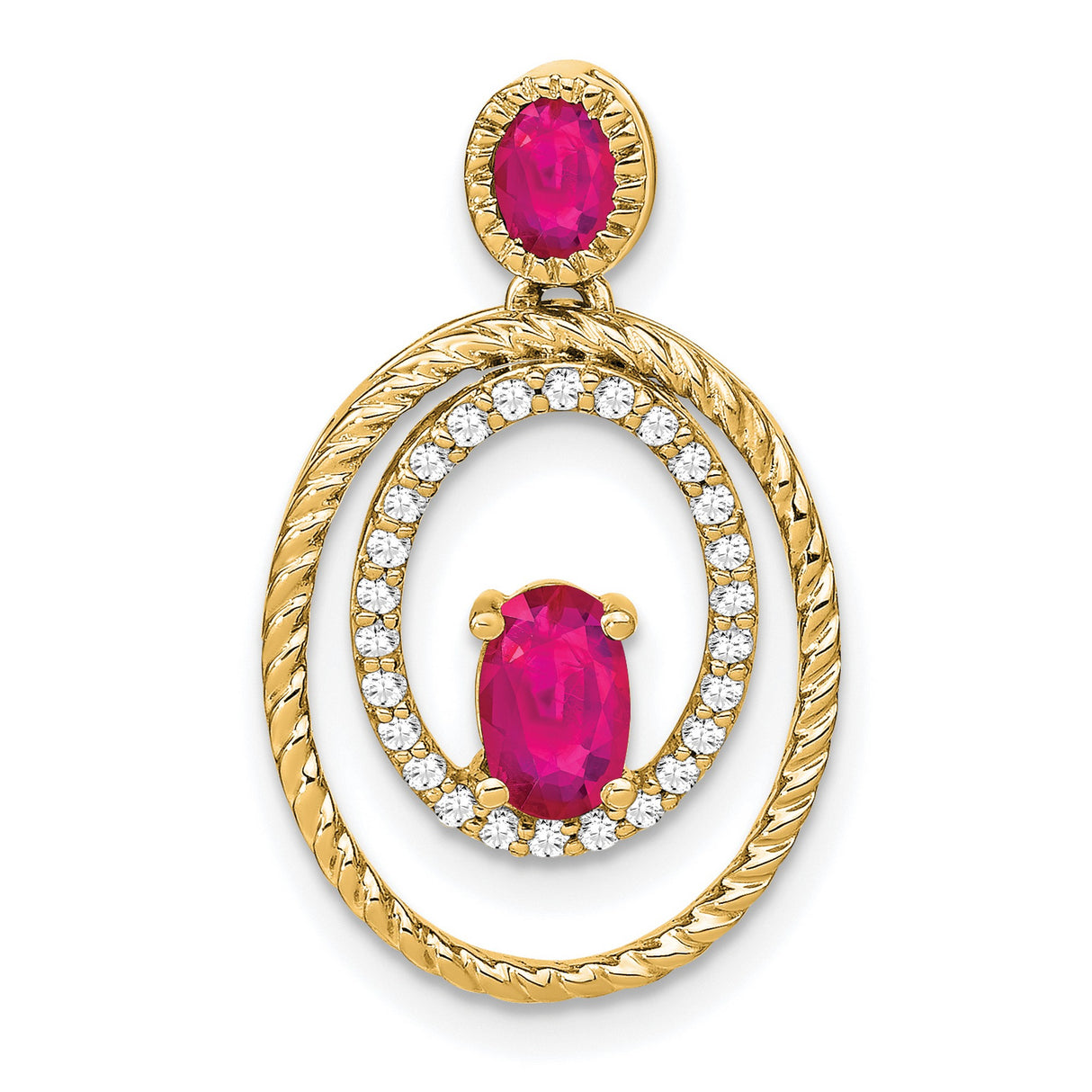 14k Yellow Gold Pendant with Oval Cut Ruby Gemstones, Double Oval Design, Rope Detail