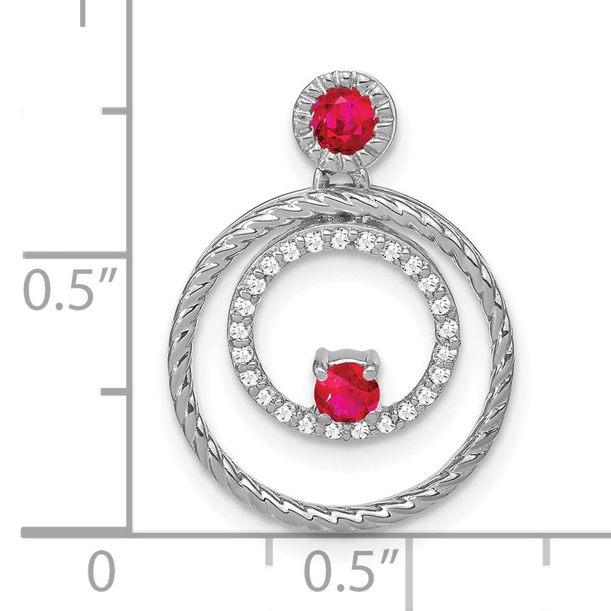 14k White Gold Double Circle Pendant with Ruby, Textured Design, Symbolic Unity Style