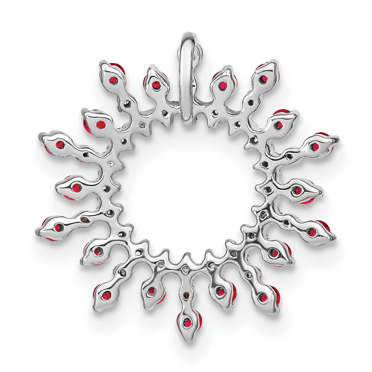 14k White Gold Pendant with Ruby and Diamond Accents, Circular Sunburst Design for Women