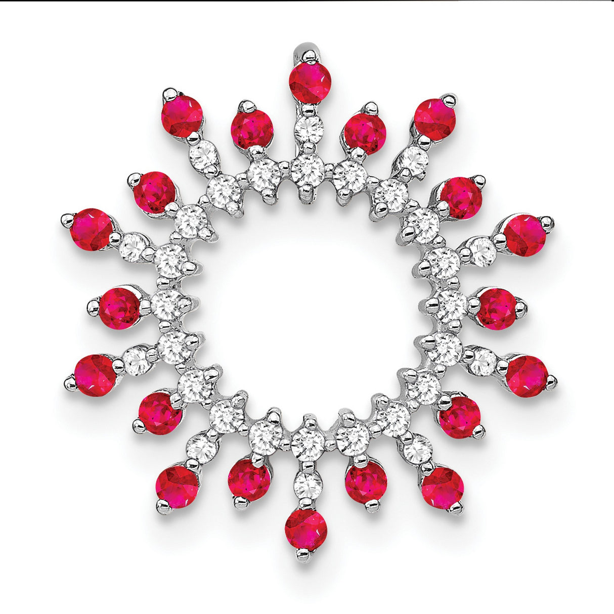 14k White Gold Pendant with Ruby and Diamond Accents, Circular Sunburst Design for Women