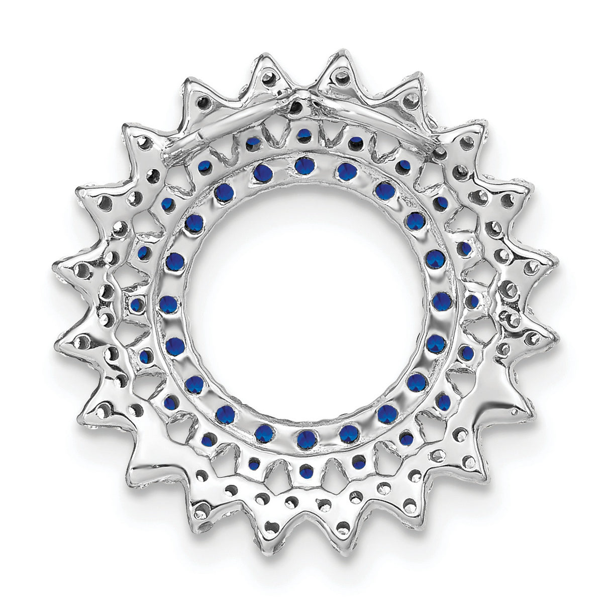 14k White Gold Pendant with Round Blue Sapphires and White Diamonds in Sunburst Halo Design