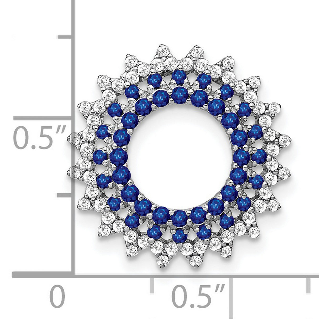 14k White Gold Pendant with Round Blue Sapphires and White Diamonds in Sunburst Halo Design