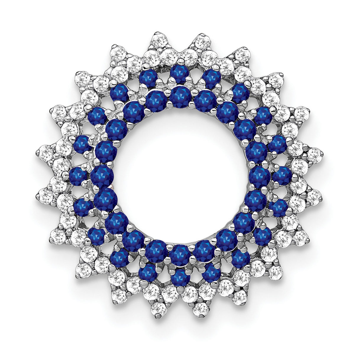 14k White Gold Pendant with Round Blue Sapphires and White Diamonds in Sunburst Halo Design