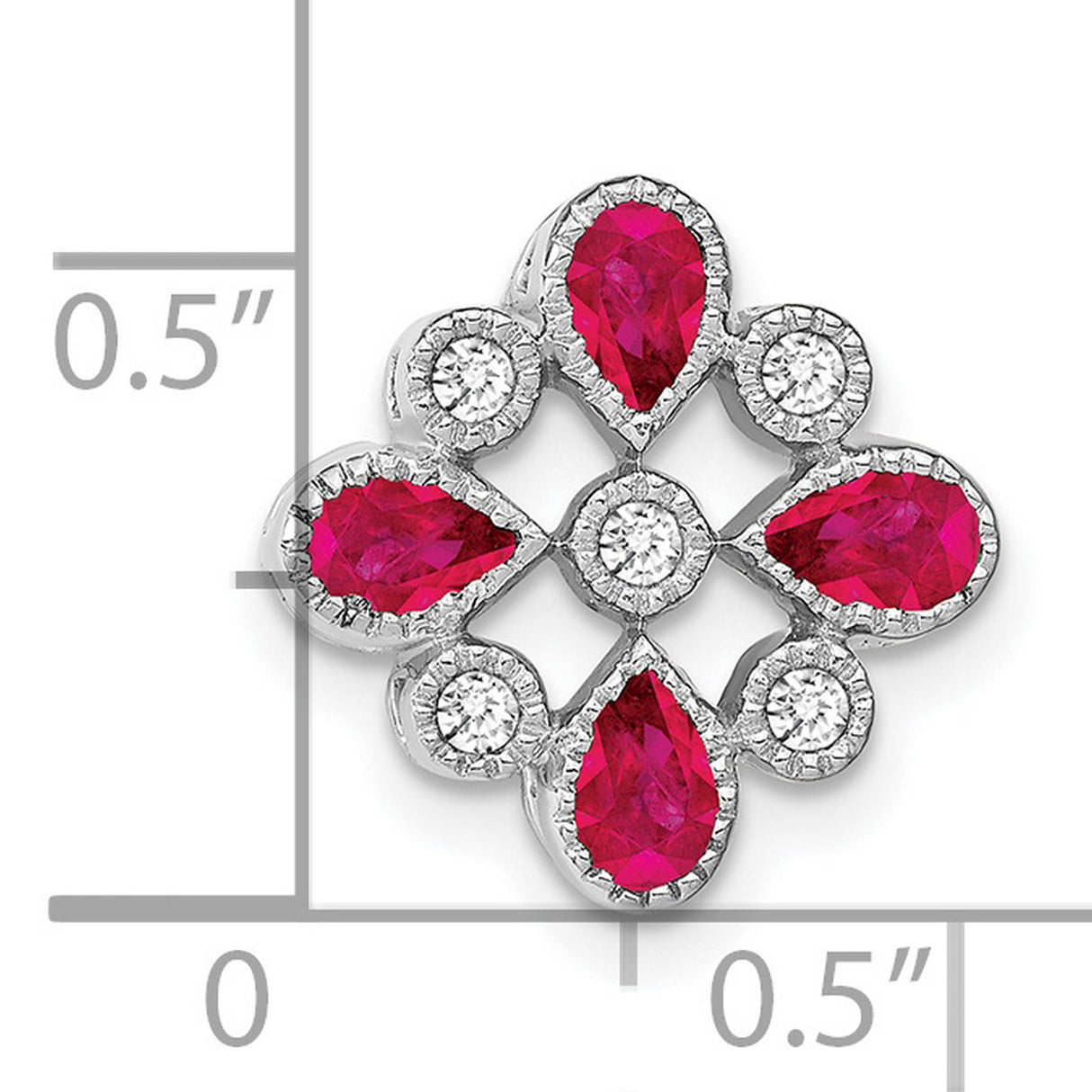 14k White Gold Pendant with Pear Shaped Ruby and Diamond, Floral Inspired Design for Women