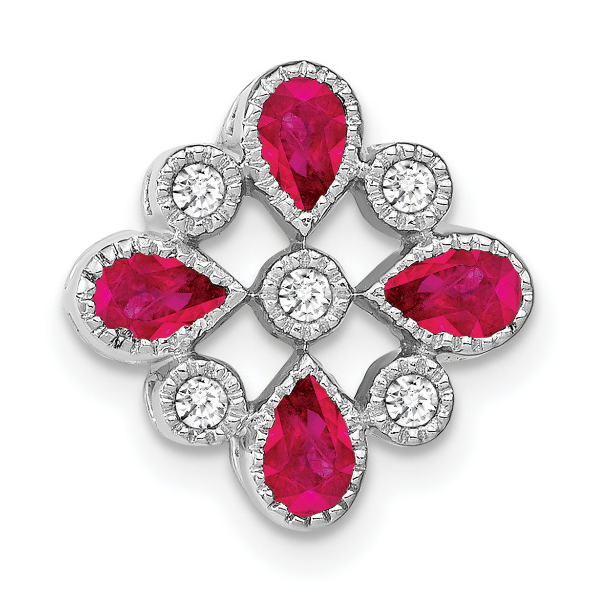 14k White Gold Pendant with Pear Shaped Ruby and Diamond, Floral Inspired Design for Women