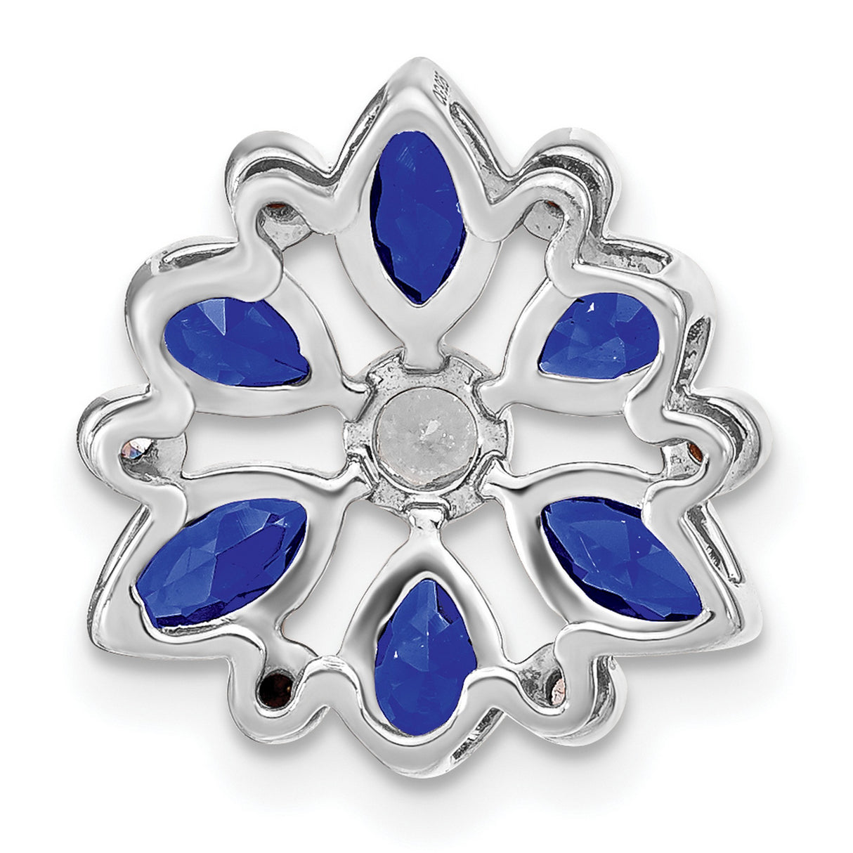 14k White Gold Pendant with Marquise and Pear Blue Sapphires, Floral Design, Diamond Accents