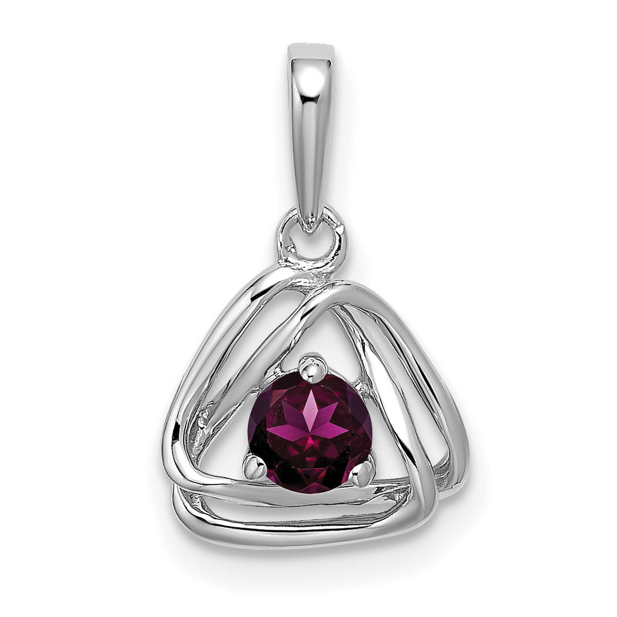 14k White Gold Trinity Knot Pendant with Rhodolite Garnet, Celtic Triquetra Design for Women