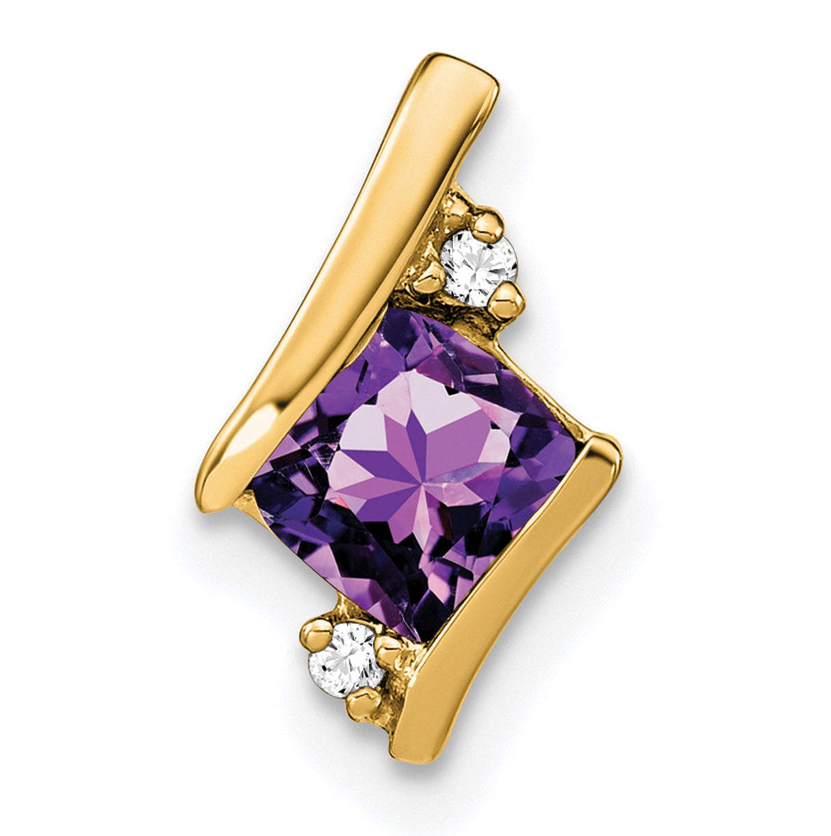 Cushion Amethyst and Diamond Chain Slide Charm Pendant in Real 10k Yellow Gold