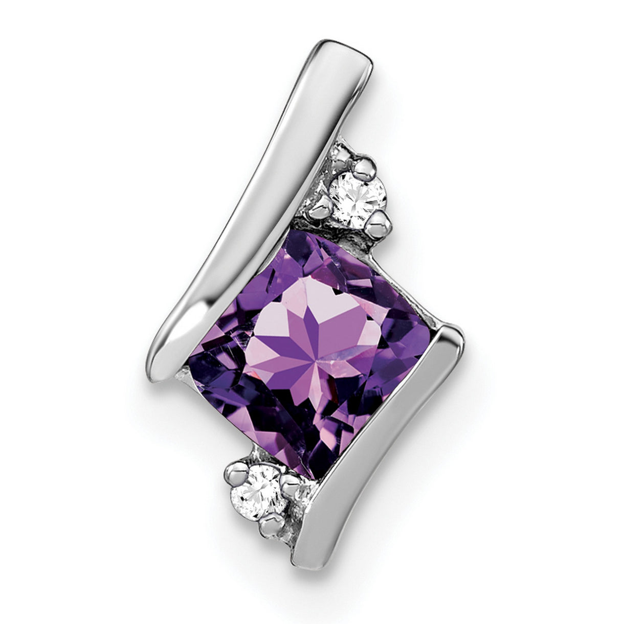 14k White Gold Pendant with Princess Cut Amethyst and Diamond Accents in Modern Curved Setting