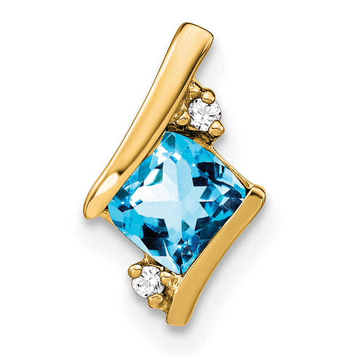 Cushion Blue Topaz and Diamond Chain Slide Charm Pendant in Real 10k Yellow Gold