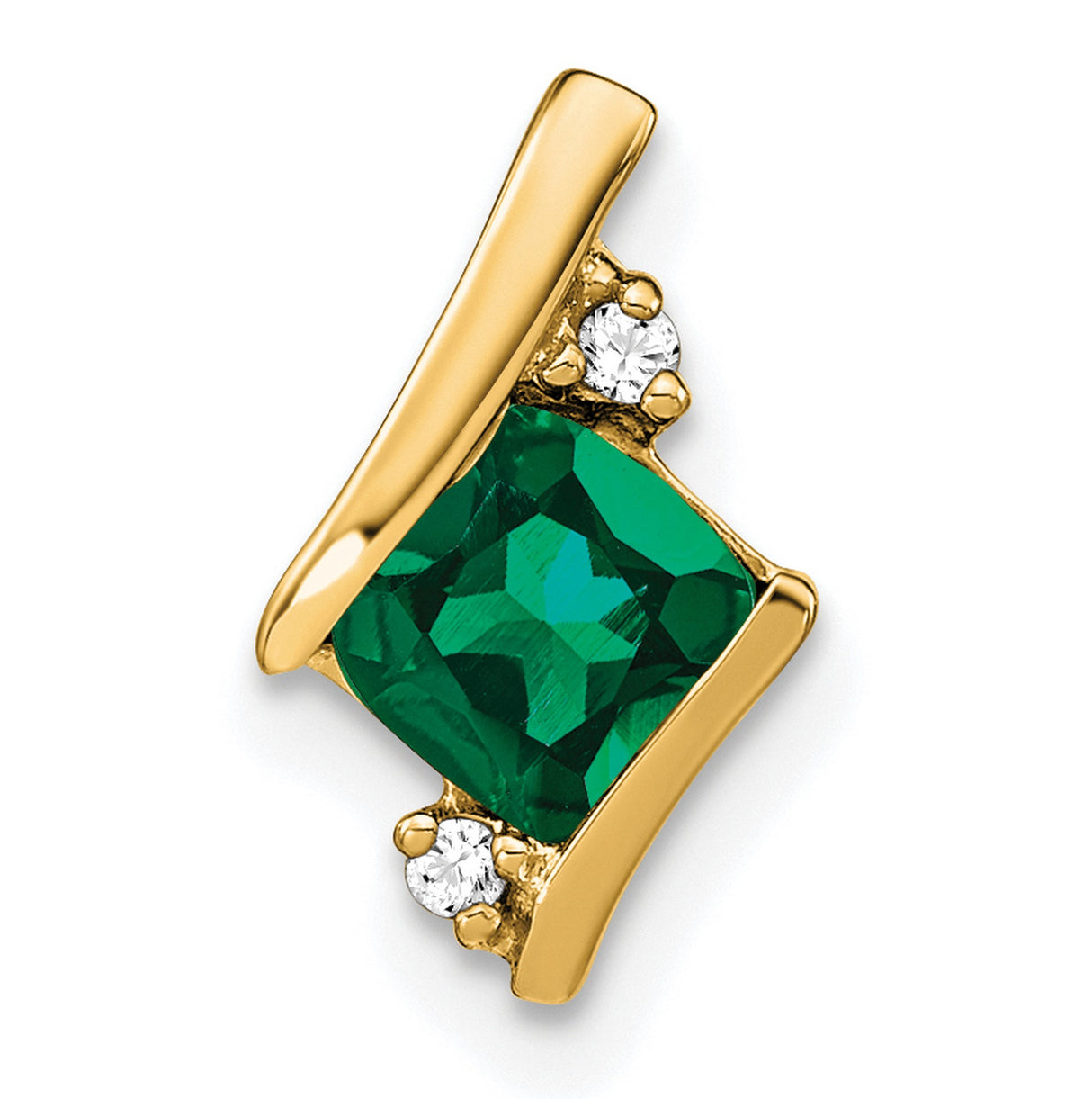 Cushion Created Emerald and Diamond Chain Slide Charm Pendant in Real 10k Yellow Gold
