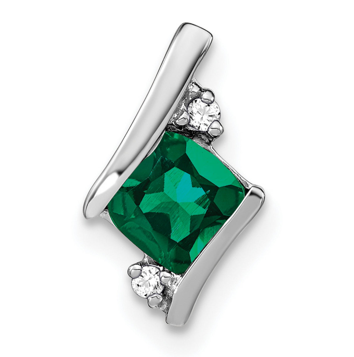 Sterling Silver Pendant with Square-Cut Lab Created Emerald and Diamond Accents, Asymmetrical Design
