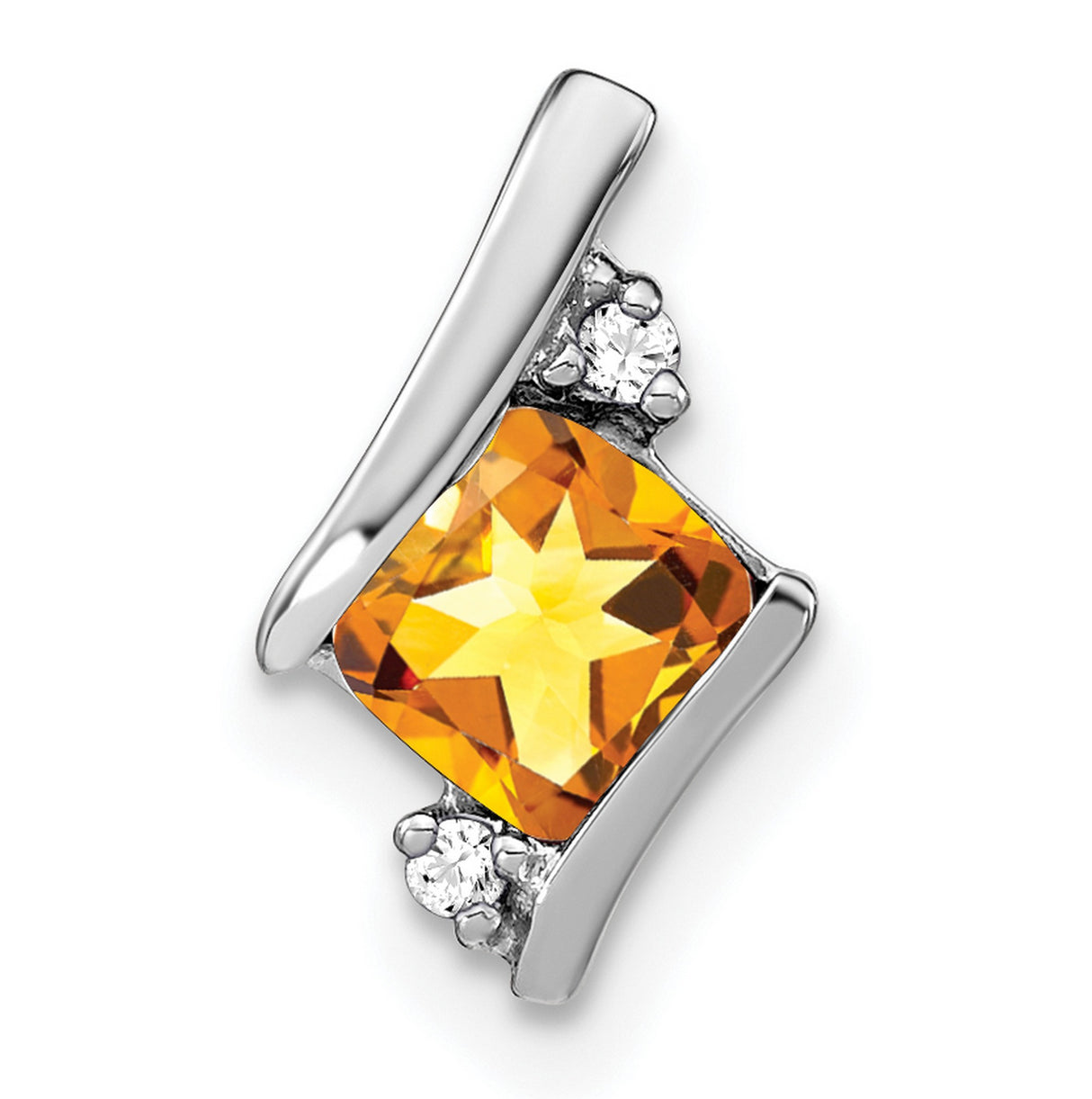 10k White Gold Pendant with Square Citrine and Diamond Accent, Modern Minimalist Design
