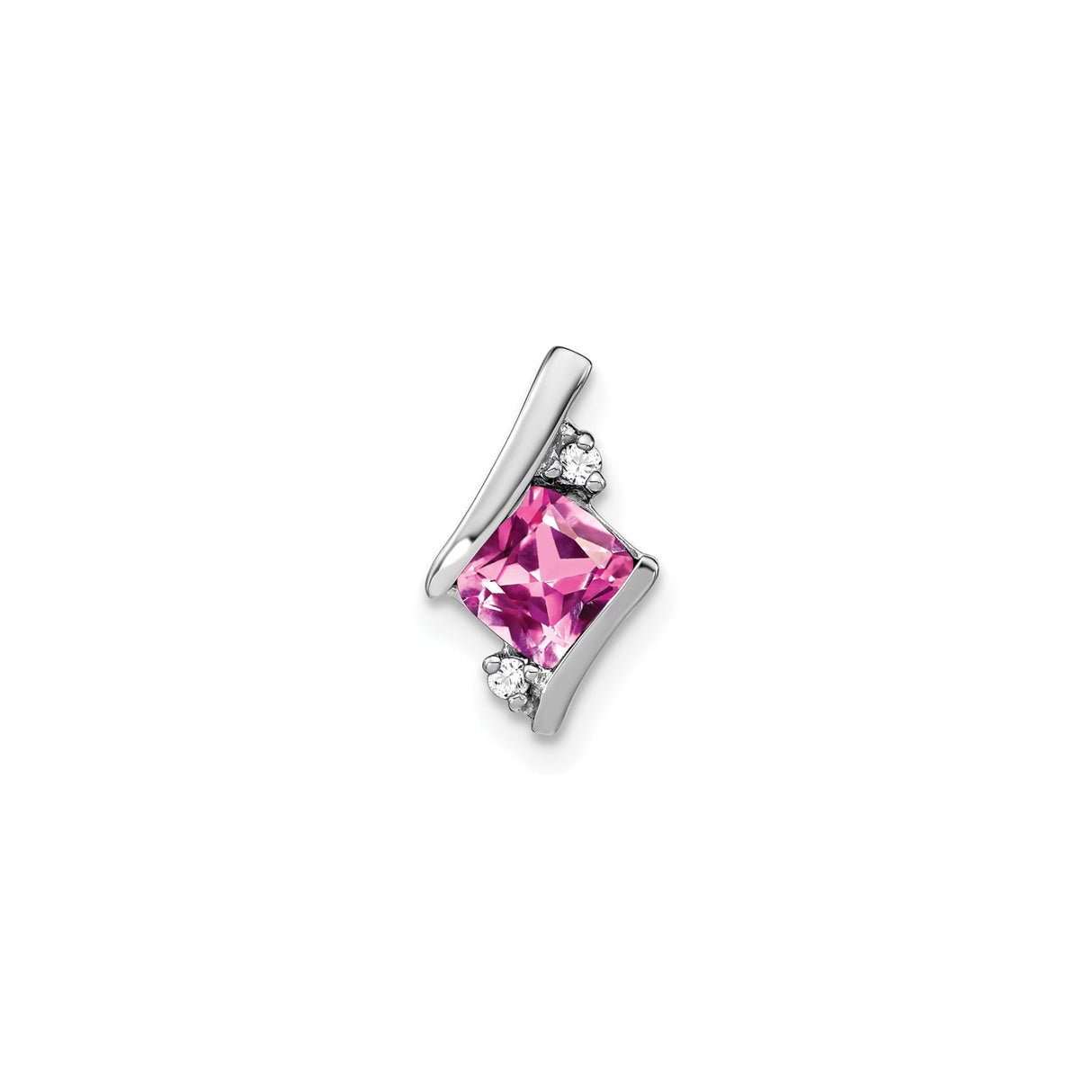 10k White Gold Pendant with Square Pink Lab Created Sapphire and Diamond Accents