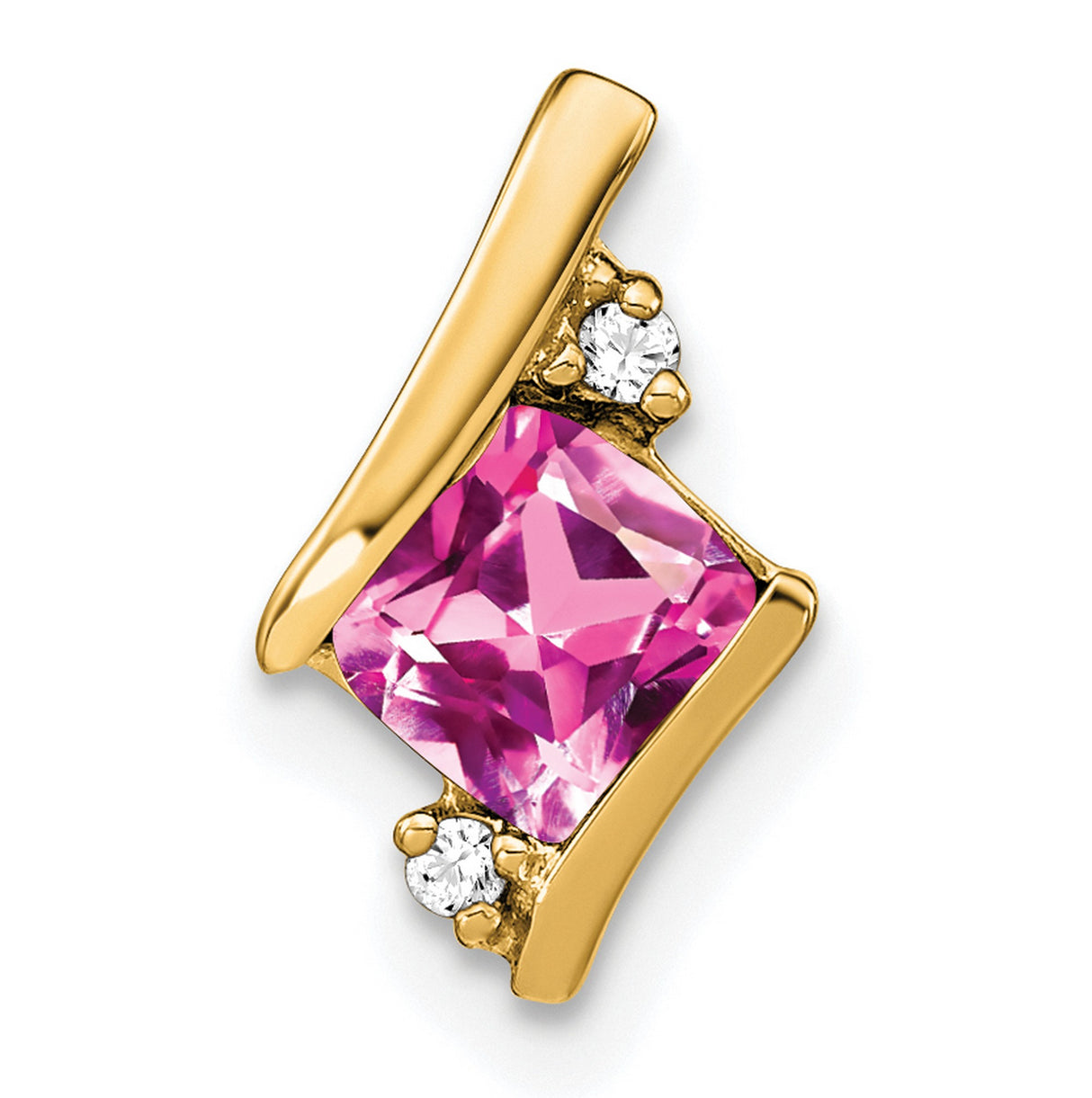 Cushion Created Pink Sapphire and Diamond Chain Slide Charm Pendant in Real 10k Yellow Gold