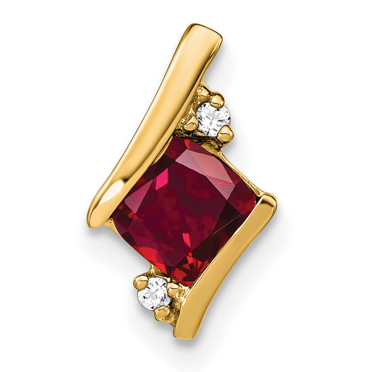 Cushion Created Ruby and Diamond Chain Slide Charm Pendant in Real 10k Yellow Gold