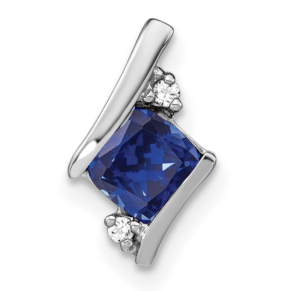 10k White Gold Pendant with Lab Created Sapphire and Diamond Accents, Square Cut Modern Design