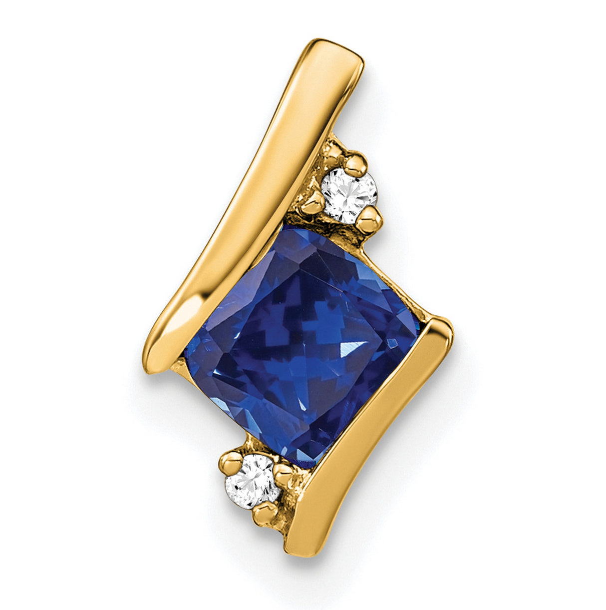 Cushion Created Sapphire and Diamond Chain Slide Charm Pendant in Real 10k Yellow Gold