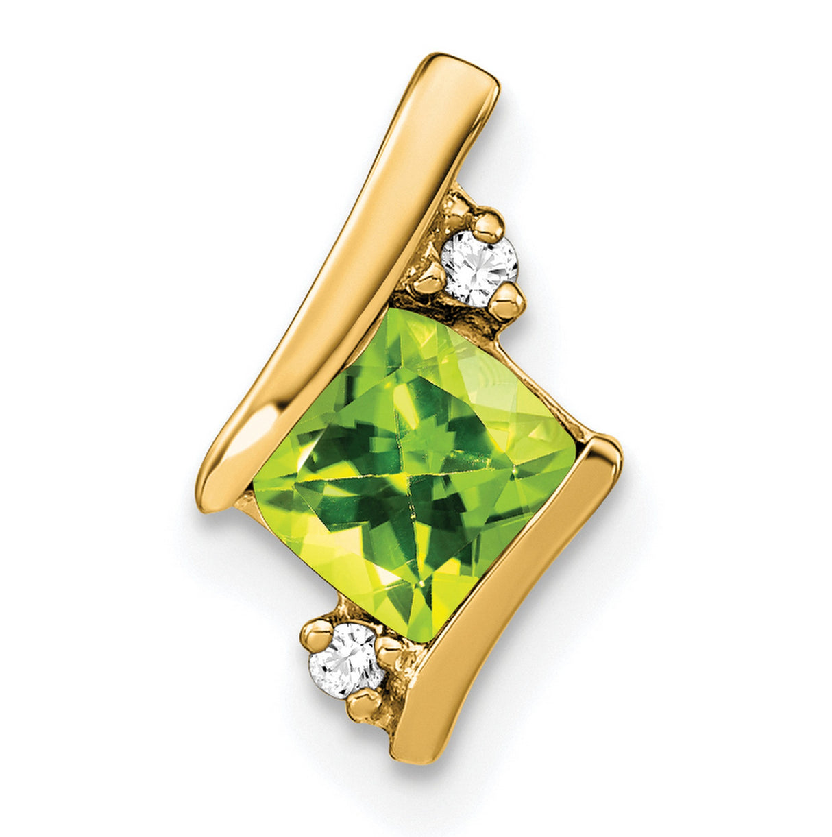 Cushion Peridot and Diamond Chain Slide Charm Pendant in Real 10k Yellow Gold