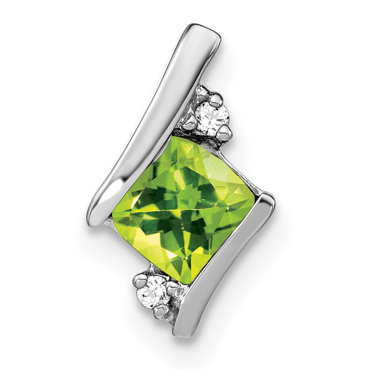 14k White Gold Pendant with Square Cut Peridot and Diamond Accents, Modern Minimalist Jewelry