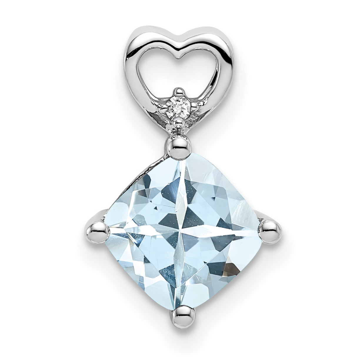 14k White Gold Pendant with Cushion Cut Aquamarine and Diamond Heart Bail