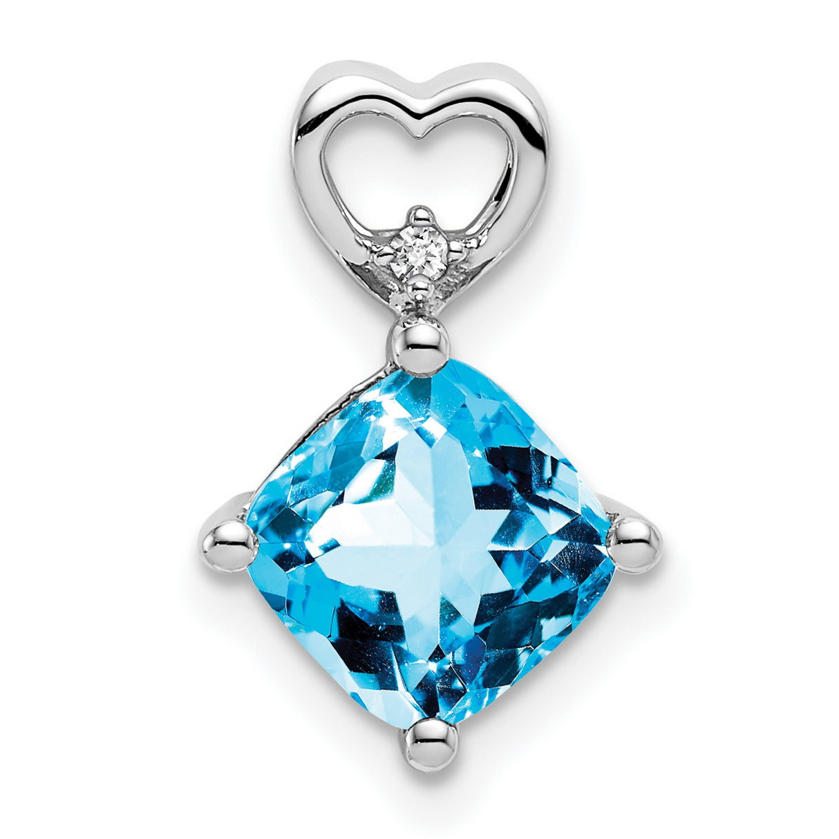 14k White Gold Heart Pendant with Cushion Cut Swiss Blue Topaz and Diamond Accent